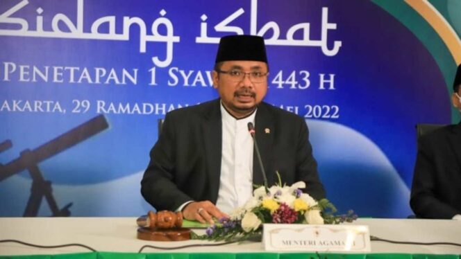
 Menteri Agama Yaqut Cholil Qoumas menyampaikan penetapan 1 Syawal atau Hari Raya Idul Fitri 1443 H. Foto:  Dok Kemenag.